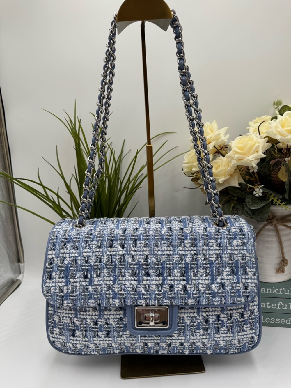 Karl Lagerfeld Paris Blue Fog Tweed Chain Shoulder Bag NWT